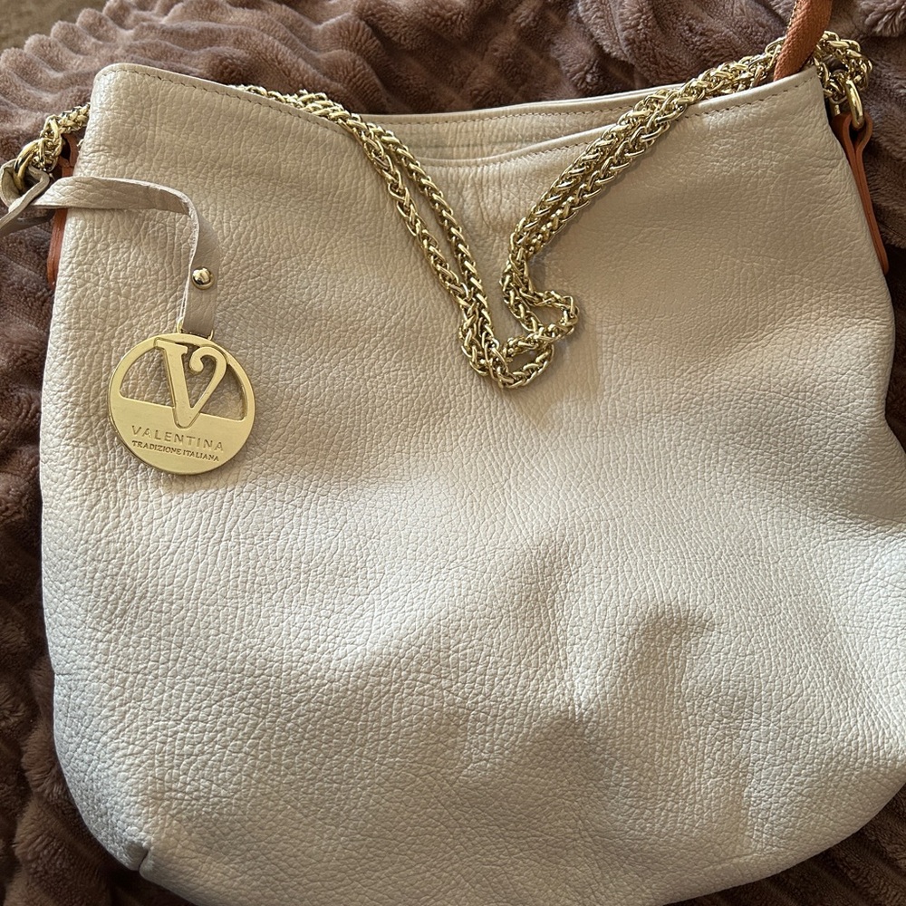 Valentina Italian Leather Double Entry Cream Shoulder Bag with Gold Accents